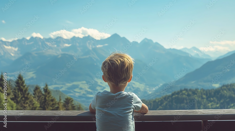 Child Gazing at Majestic Mountain Landscape Under Clear Blue Sky in Summer Child Gazing at Majestic Mountain Landscape Under Clear Blue Sky in Summer
