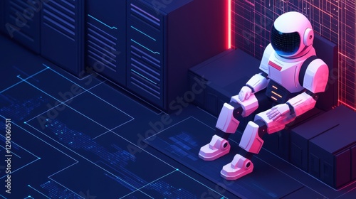 AI supervised machine learning. Futuristic robot sitting in a tech environment with neon accents.