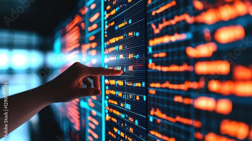 AI supervised machine learning. Digital interface with data visualization and a hand interacting with graphs.