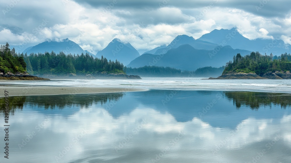 Serene Reflections of Mountains and Sea Foam Serene Reflections of Mountains and Sea Foam