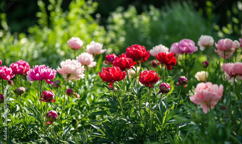 Large Patch of Red and Pink Peonies Blooming Vibrantly in a Lush, Enchanting Garden Setting Large Patch of Red and Pink Peonies Blooming Vibrantly in a Lush, Enchanting Garden Setting