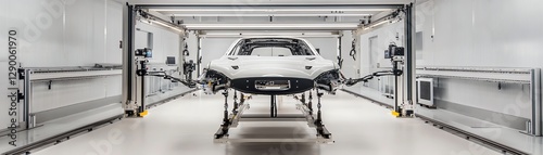 Modern automotive workshop with suspended car chassis on display.