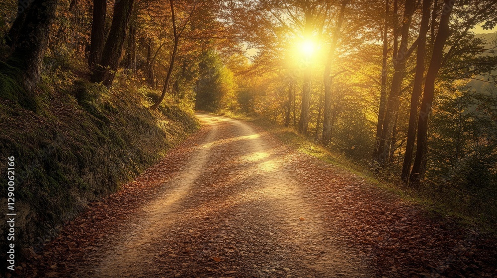 Obraz premium Sun shining through trees on a forest path.