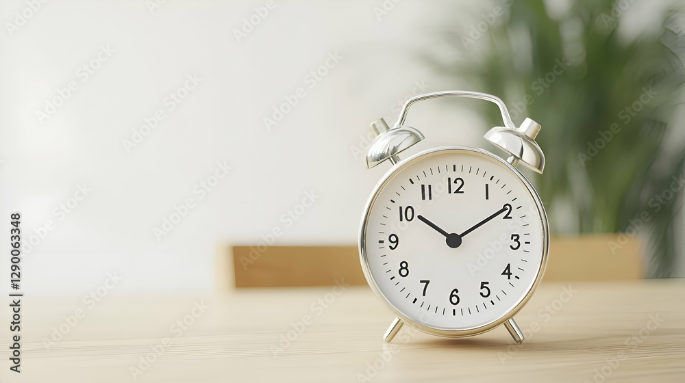 Silver Alarm Clock on Wooden Table with Blurred Background Silver Alarm Clock on Wooden Table with Blurred Background