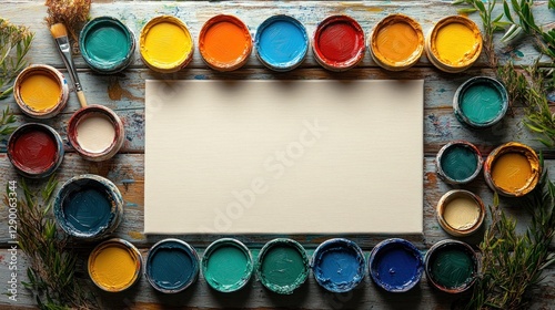 Fototapeta Naklejka Na Ścianę i Meble -  Colorful paint cans surrounding blank canvas on weathered wood