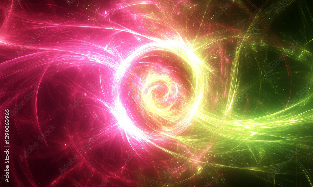 Obraz premium Vibrant hot pink and bright green spiral design radiating energetic motion with contemporary artistic flair