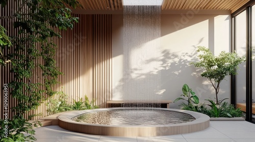 Serene Indoor Oasis:  A Tranquil Zen Garden with Water Feature and Lush Greenery