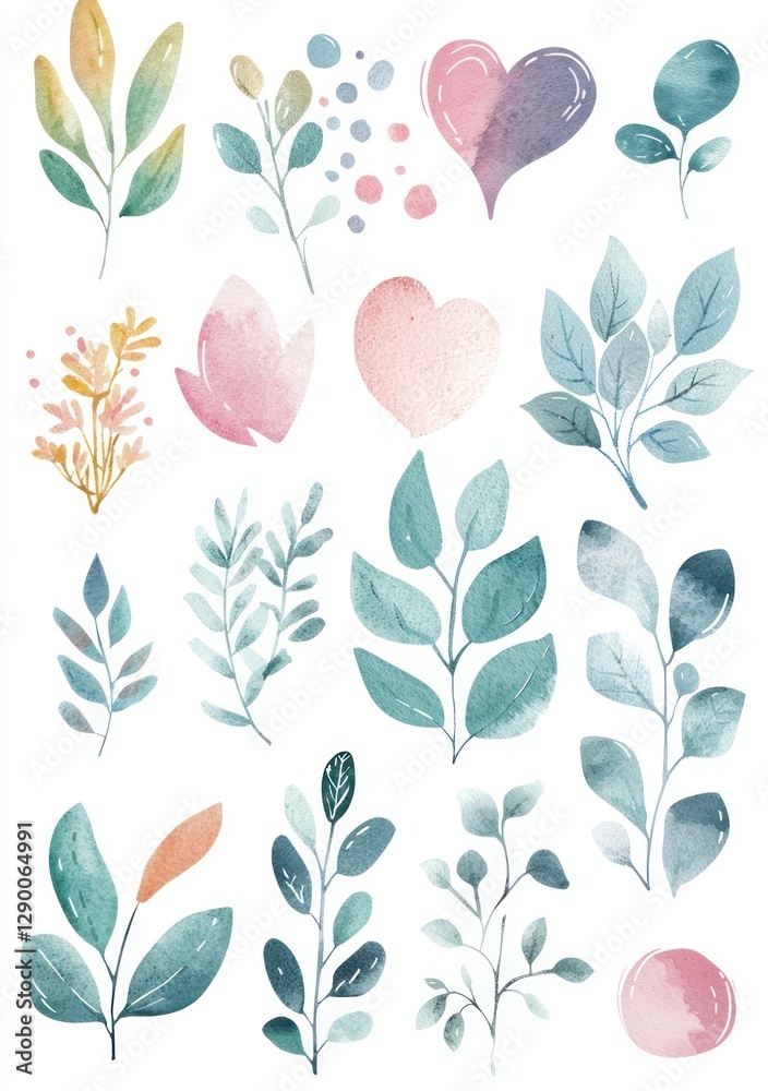 Fototapeta premium Watercolor Floral Elements and Decorative Leaves for Design Projects