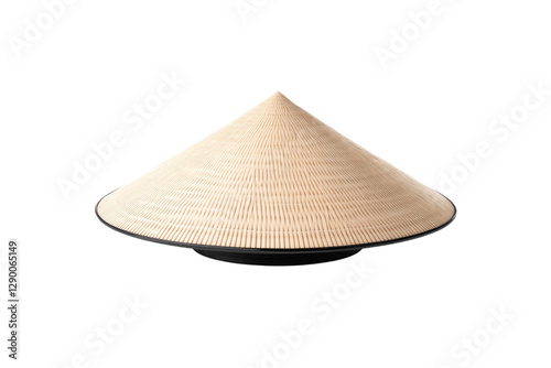 Tan and black hat with a black rim sits on a white background, isolated