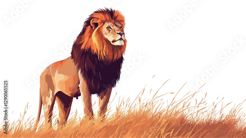 Digital painting or illustration of a male lion standing in tall savanna grass. The lion is depicted in warm orange and brown tones, with a detailed mane. The background consists of tall,