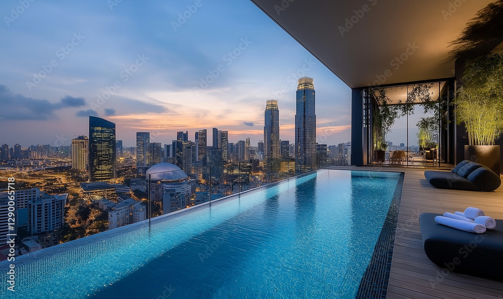 Fototapeta premium Sleek Contemporary Penthouse with Infinity Pool, Offering Elegant Luxury Living and Scenic Views