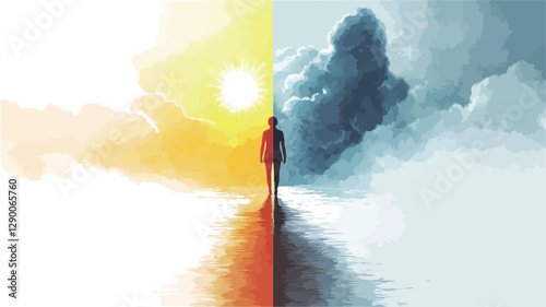 The image is a digital illustration depicting a stylized figure standing on a path that divides a scene into two distinct halves.  One half is brightly lit with warm, golden hues suggesting