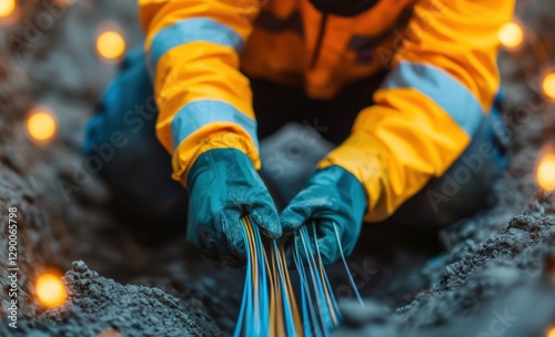 Broadband fiber access. Worker installing cables in a trench with glowing lights in the background.