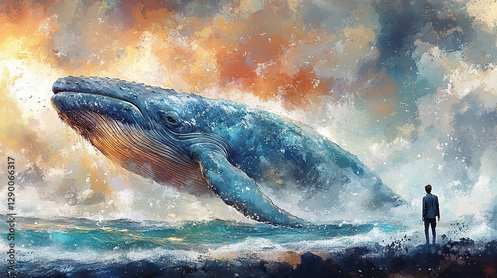 Fototapeta premium jonah and the whale watercolor illustration of a whale swimming in the ocean and a man on the shore watercolor digital painting