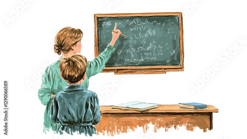 An illustration depicting a teacher and a student standing before a chalkboard. The style is painterly, resembling watercolor or digital painting with visible brush strokes. The color