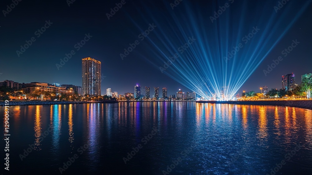 Fototapeta premium A city skyline with beams of light symbolizing economic progress and innovation