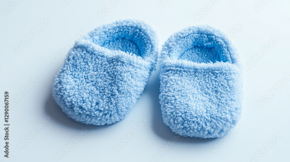 Soft, plush, blue baby slippers on a light background. Soft, plush, blue baby slippers on a light background.