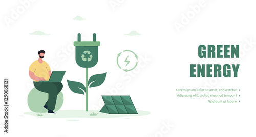 Green energy. CO2 neutral. Solar panels. Low carbon and environmental responsibility. People live eco life. Alternative energy sources. Vector illustration in flat cartoon style.