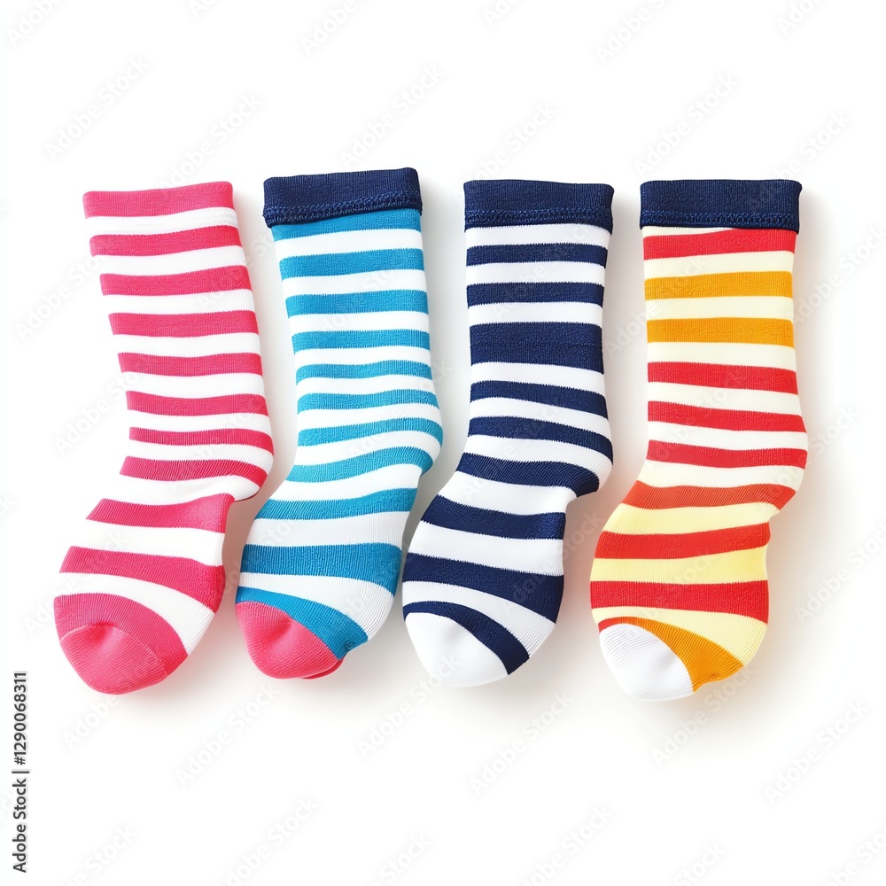 Colorful striped socks arranged in a neat row, isolated on white background.