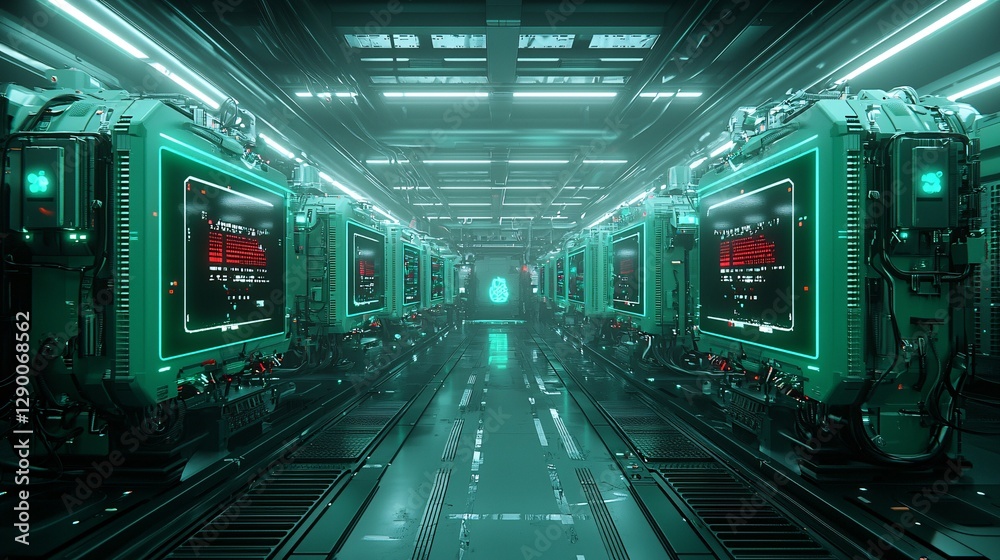 Fototapeta premium futuristic underground city illuminated by bioluminescent structures, AI-driven logistics and supply chains optimizing urban efficiency, smooth self-sustaining energy networks, cinematic sci-fi