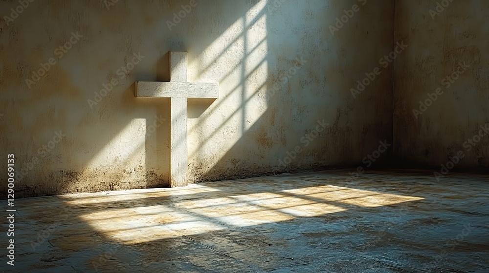 Naklejka premium light filtering on a white cross on the wall
