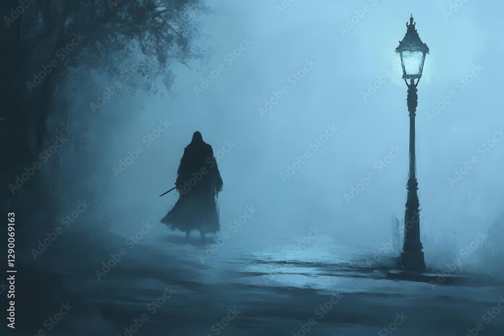 Fototapeta premium cloaked figure stalks a foggy street, knife gleams under a broken lamp, deep shadows twist, chilling menace in a stark gray and blue scene.