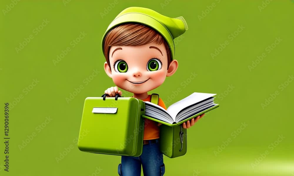 Happy boy student with backpack and book, green background, education