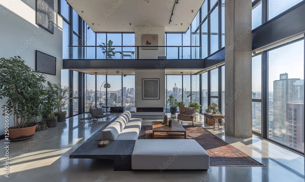 Fototapeta premium Modern penthouse showcasing a geometric design floor, expansive glass walls, and ultra-chic urban living style.