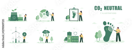 Sustainable and ecology. Green factory and Alternative energy. Net zero. Low Carbon. Circular economy. Set of Vector illustration in flat cartoon style.