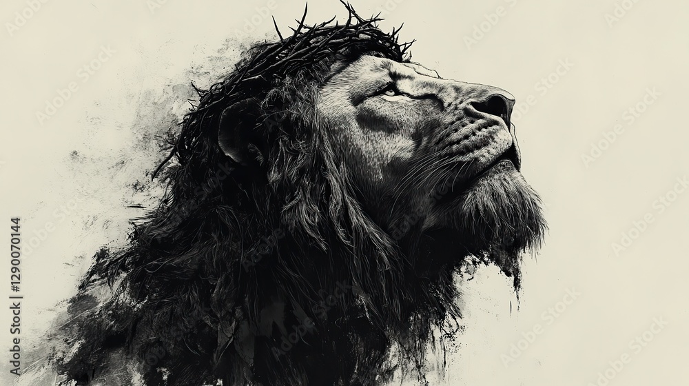 Obraz premium lion head with crown of thorns jesus the lion illustration on light background
