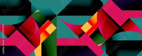 Abstract geometric artwork with interwoven angular and curved shapes, dynamic composition with smooth gradients and bold contrasts