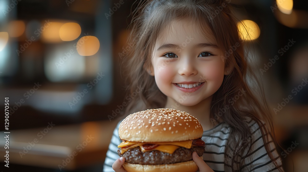 little asian girl eating hamburger in coffee shop shallow depth of field little asian girl eating hamburger in coffee shop shallow depth of field