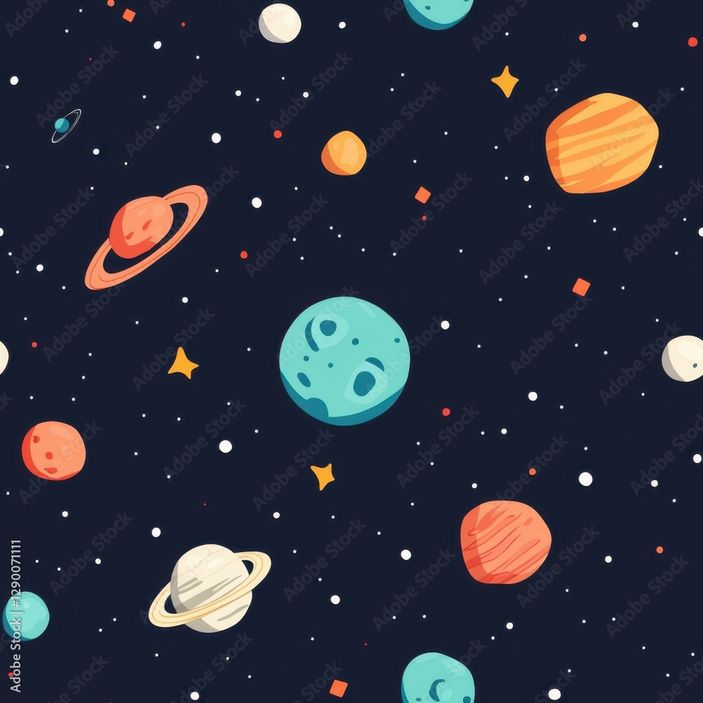Minimal seamless space illustration. A whimsical space-themed pattern featuring colorful planets, stars, and celestial bodies against a dark background. Minimal seamless space illustration. A whimsical space-themed pattern featuring colorful planets, stars, and celestial bodies against a dark background.
