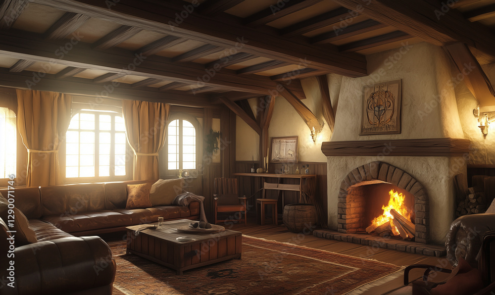 Rustic living room with exposed beams and leather sofa, warm textures, and inviting countryside charm Rustic living room with exposed beams and leather sofa, warm textures, and inviting countryside charm