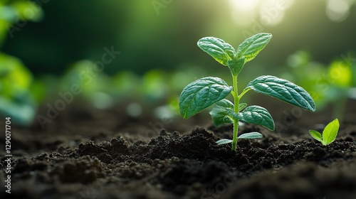 little seedling in the moisty soil bokeh effect in the background photo