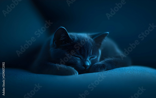 A serene and peaceful kitten sleeping in a dimly lit room, showcasing calmness and tranquility. photo