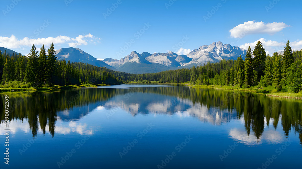 Serene Mountain Lake Reflection with Blue Sky Serene Mountain Lake Reflection with Blue Sky