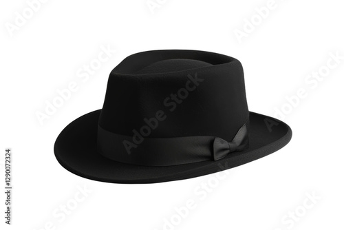 Black hat with a black ribbon tied around it, isolated