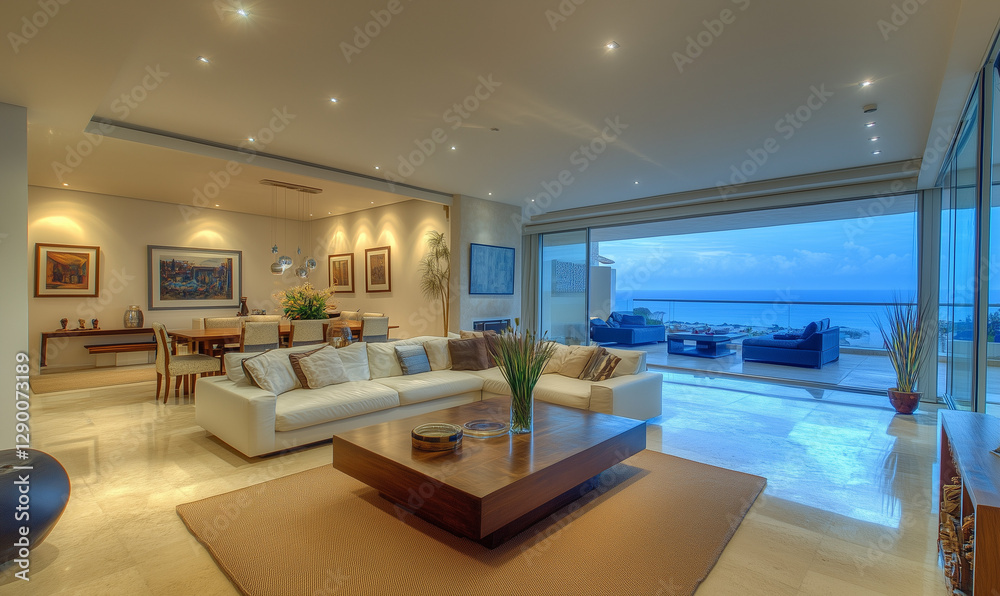 Fototapeta premium Sophisticated Penthouse with Spacious Open-Plan Living Spaces, Panoramic Views, and Luxurious Urban Lifestyle Beyond Expectations