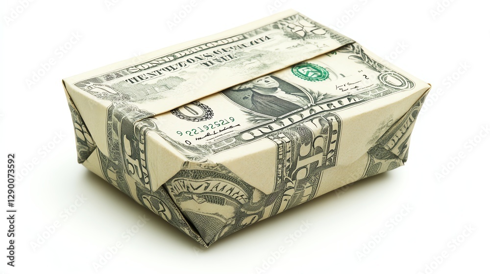 Money wrapped gift box, creativity in finance, isolated on white background. Money wrapped gift box, creativity in finance, isolated on white background.