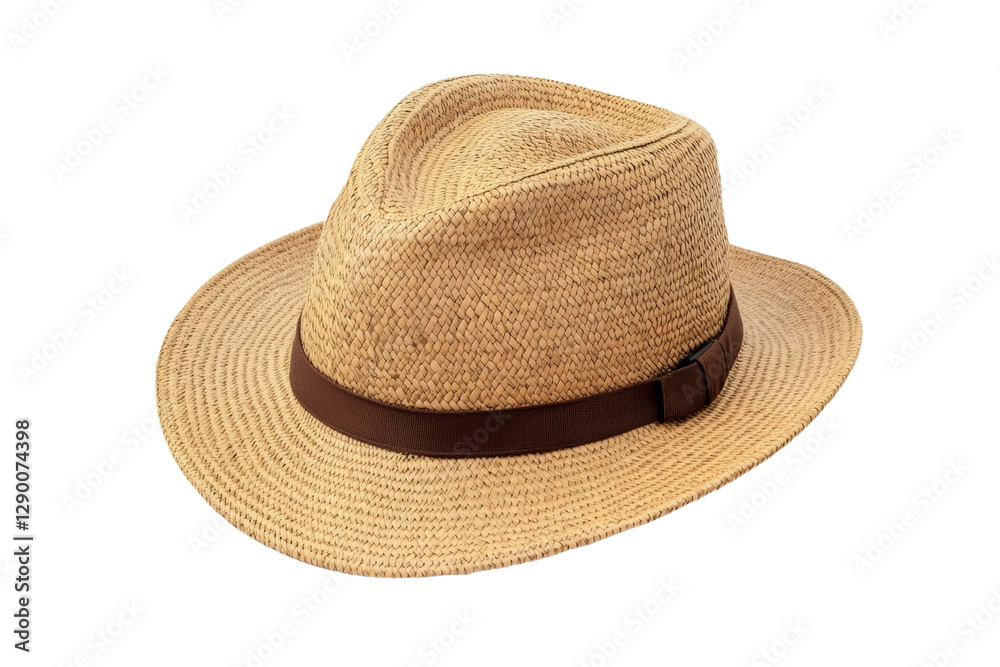Tan straw hat with a brown band, isolated Tan straw hat with a brown band, isolated
