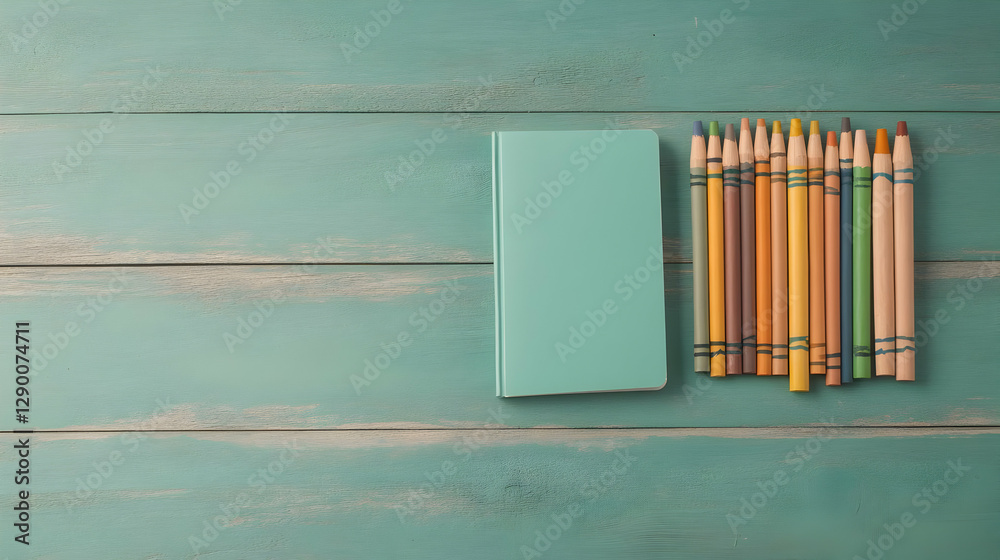 Colorful crayons next to a teal notebook on a wooden background, perfect for creative projects and artistic inspiration. Colorful crayons next to a teal notebook on a wooden background, perfect for creative projects and artistic inspiration.