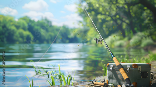 Fototapeta Naklejka Na Ścianę i Meble -  Perfect Day for Fishing: A Beginner's Guide to Successful Lakeside Fishing