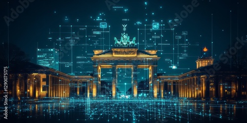 Berlin Brandenburg Gate digitally overlaid with futuristic network visuals