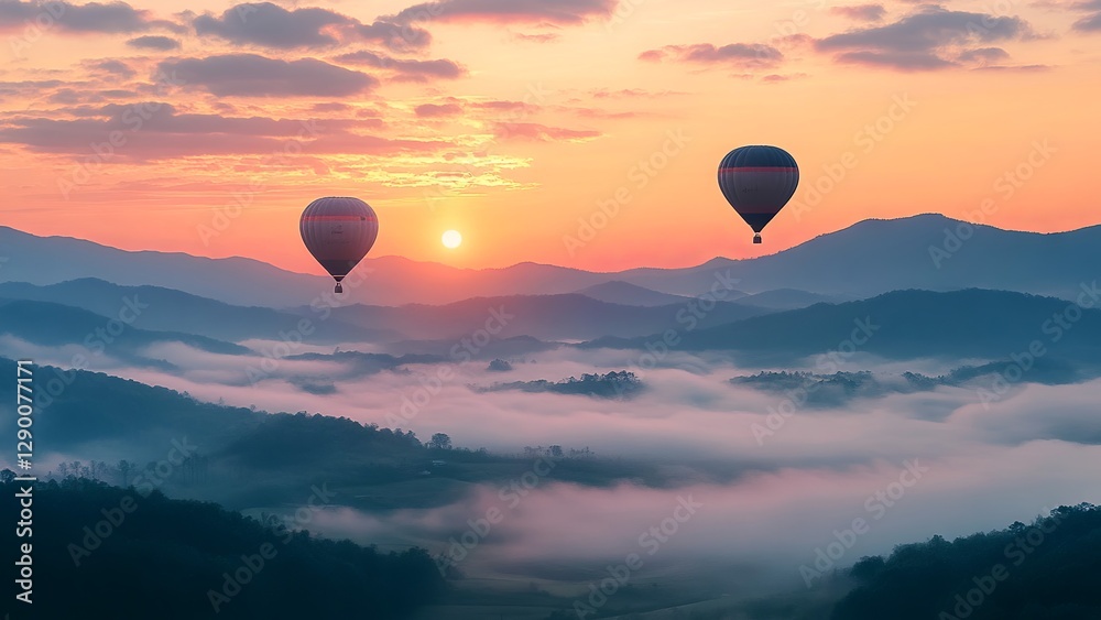 Multicolored balloons flying over misty mountains at sunset. Colorful hot air balloons on blue sky with clouds. Cinematic. Generated AI. Multicolored balloons flying over misty mountains at sunset. Colorful hot air balloons on blue sky with clouds. Cinematic. Generated AI.