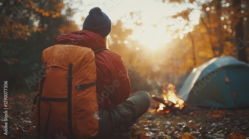 Hiker rests by campfire, autumn campsite.