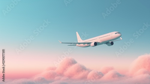 A plane flying across the sky, left empty space, pastel blue background,generative ai illustration