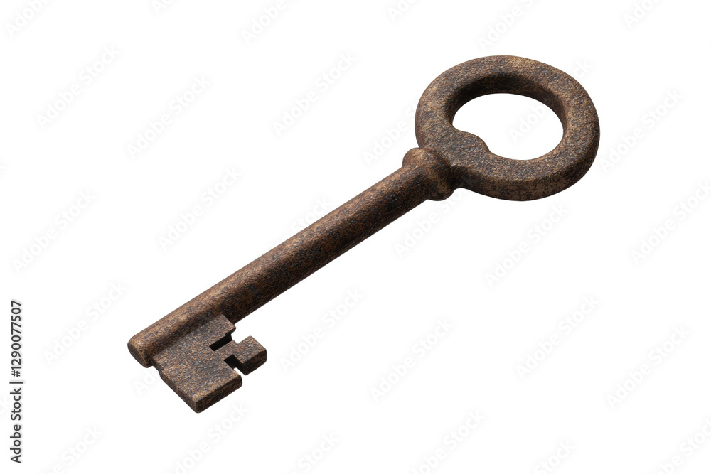 Rusty key is shown on a white background, isolated Rusty key is shown on a white background, isolated