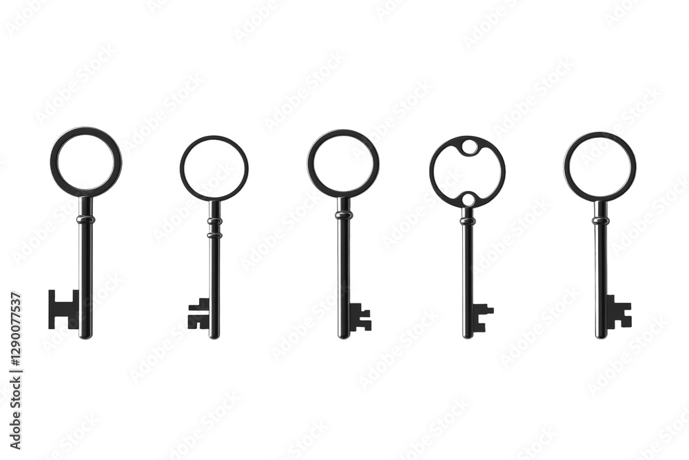 Set of five keys with different shapes and sizes, isolated Set of five keys with different shapes and sizes, isolated