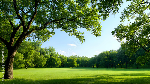 Serene Summer Landscape with Lush Green Trees and Grassy Meadow under Bright Sunlight